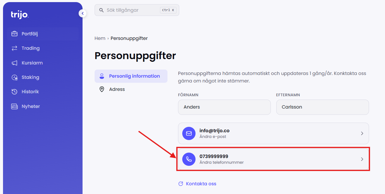 Personuppgifter-sidan med telefonnumret markerat